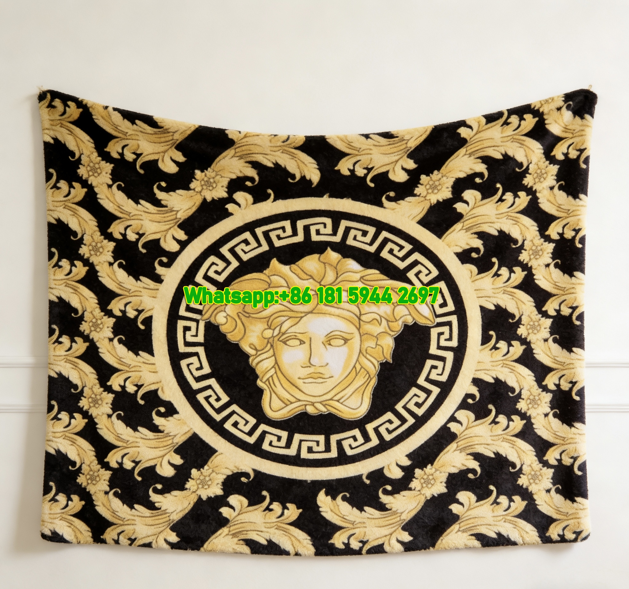 Versace Black Gold Medusa Greek Key Baroque Floral Print Flannel Sofa Throw Blanket IMG_1308